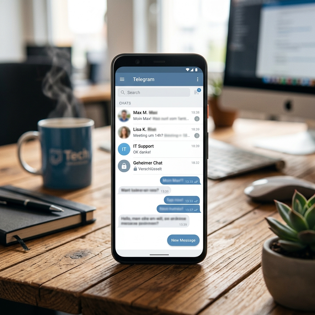 Ein Smartphone zeigt die Telegram App mit verschiedenen Chats