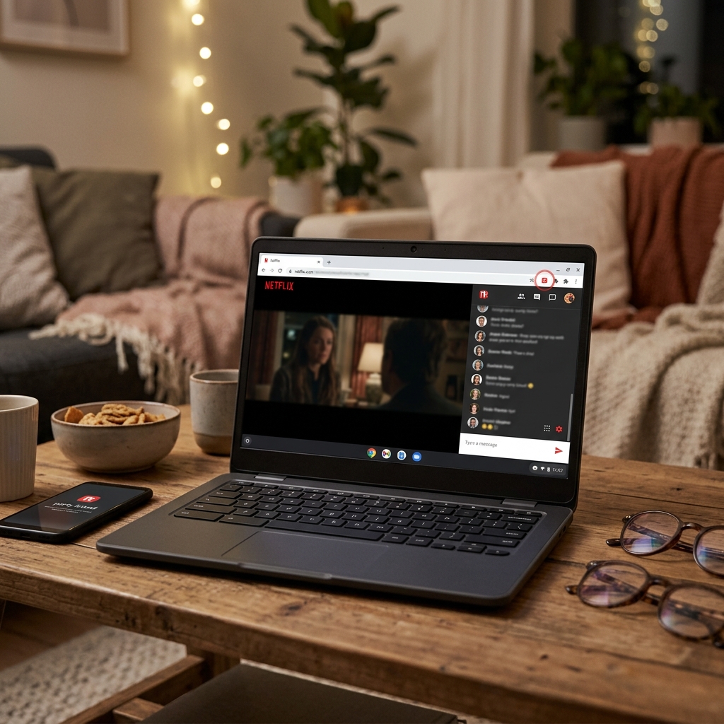 Laptop zeigt Netflix-Streaming auf einem Holztisch