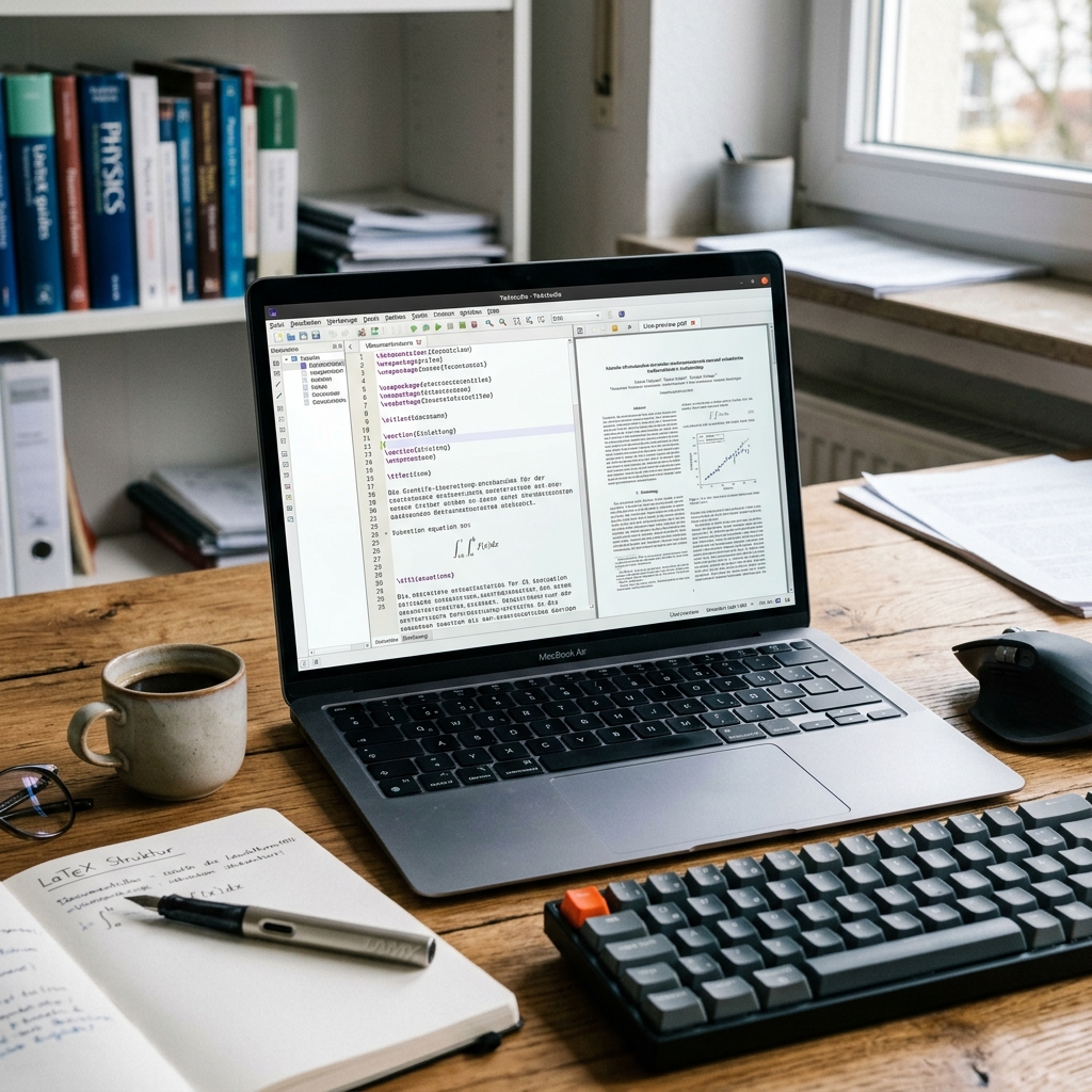 Ein Arbeitsplatz mit einem Laptop, einer Tasse Kaffee und Notizen.