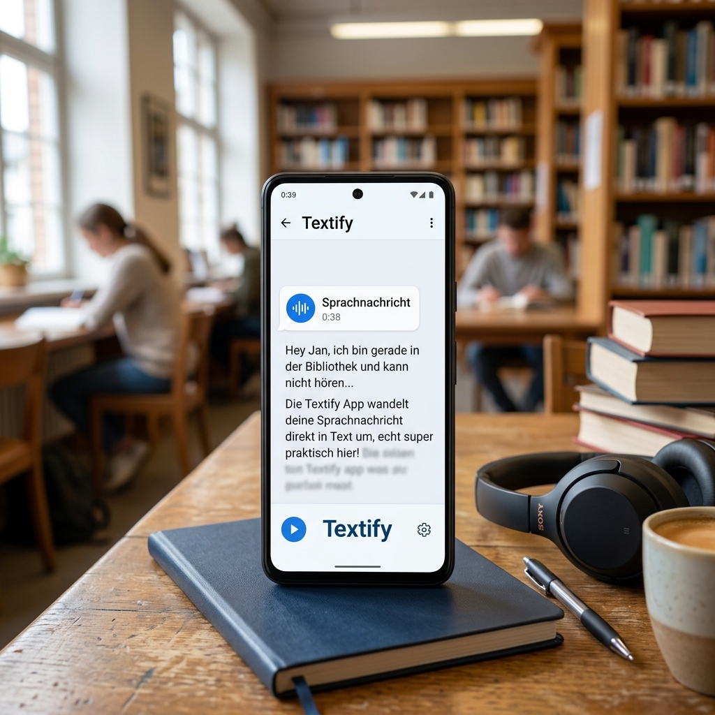 Smartphone zeigt Sprachnachricht in Bibliothek