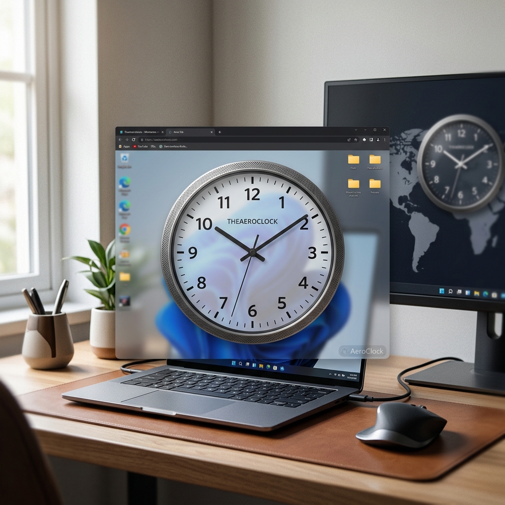 Digitaler Arbeitsplatz mit Uhr auf dem Bildschirm