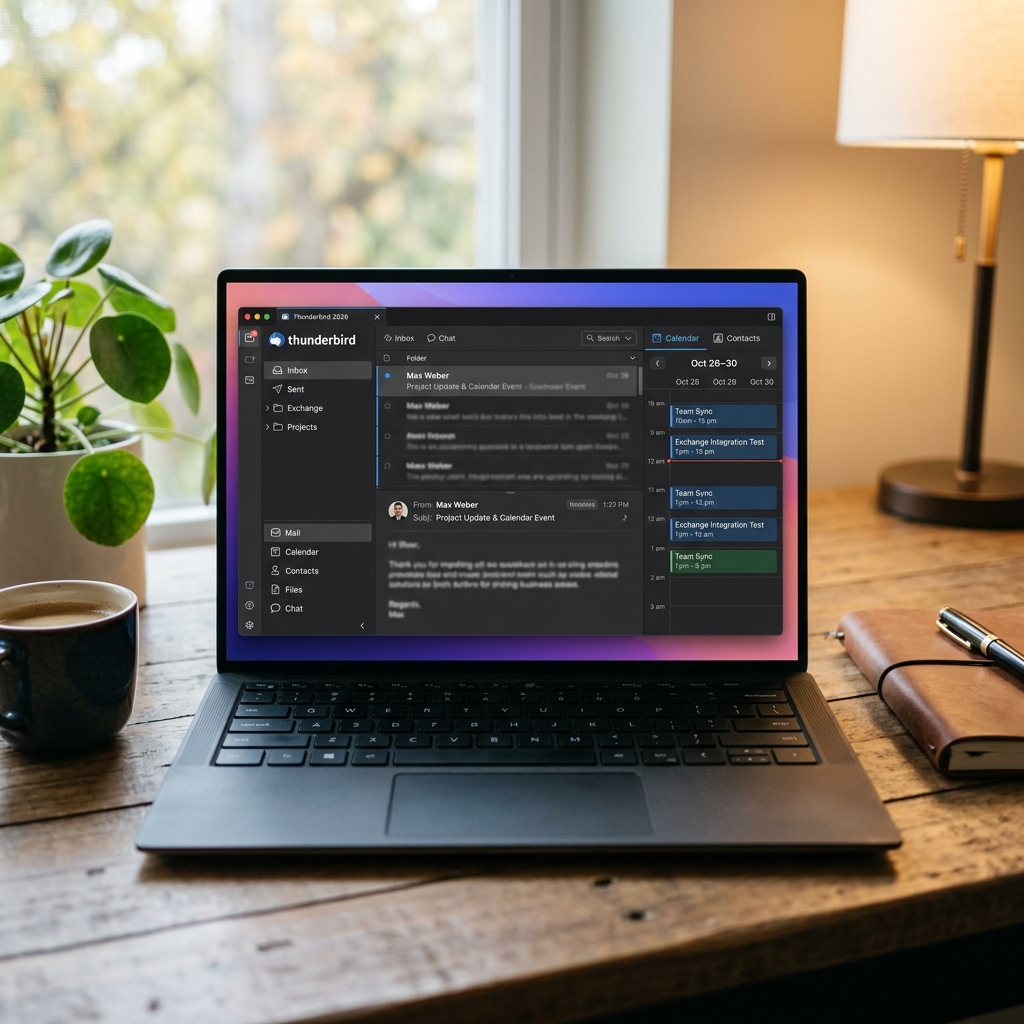 Laptop zeigt Thunderbird E-Mail Anwendung und Arbeitsumgebung