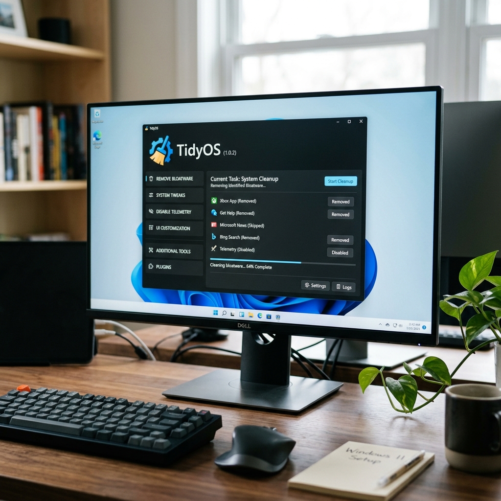 Screenshot der TidyOS Software zur Systembereinigung auf einem Monitor.