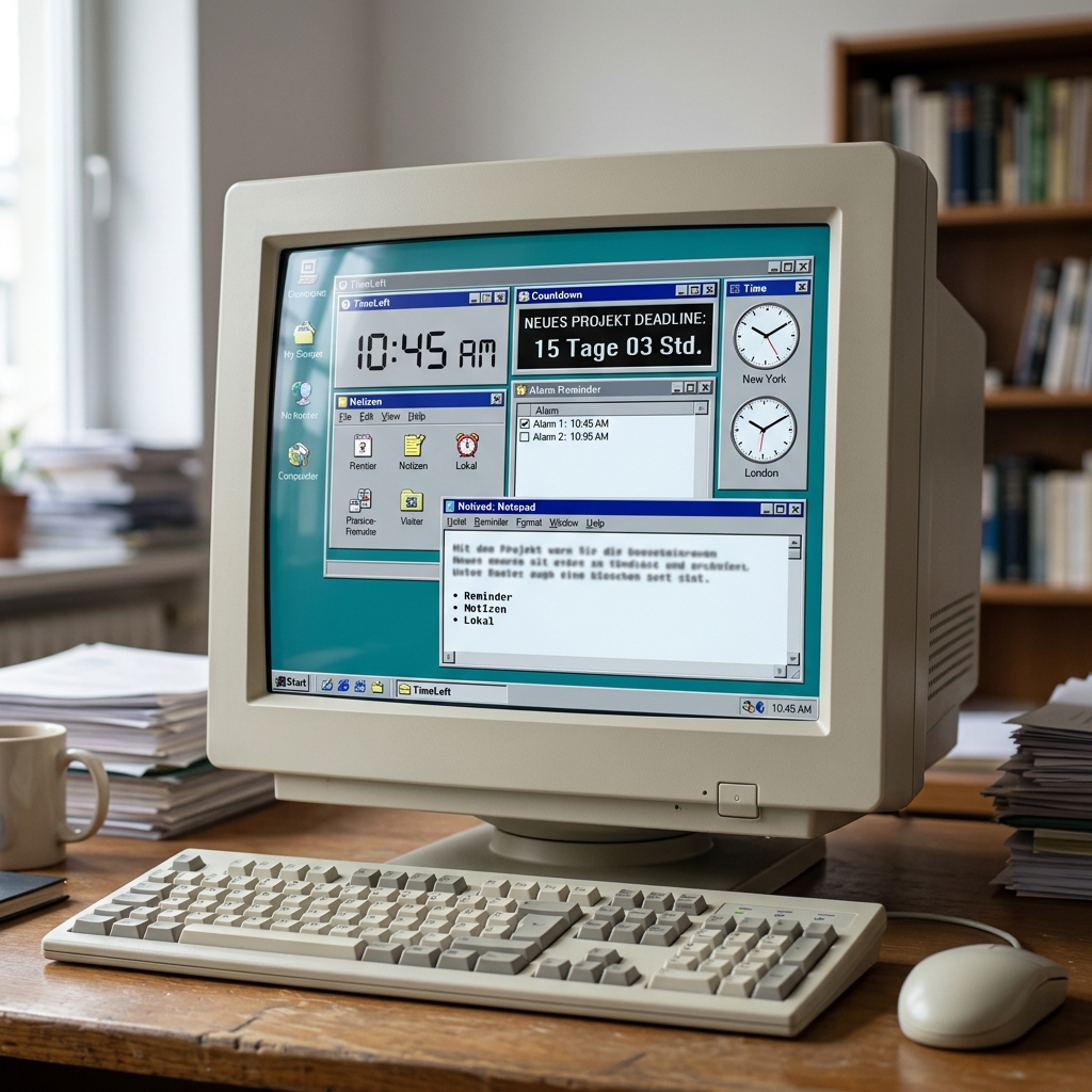 Alter Computer mit mehreren Anwendungsfenstern auf dem Desktop.