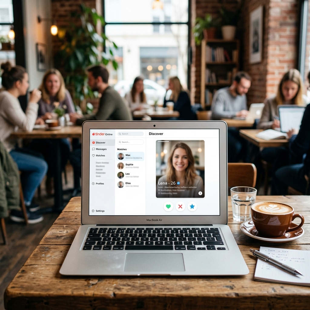 Laptop zeigt Tinder-App im Café