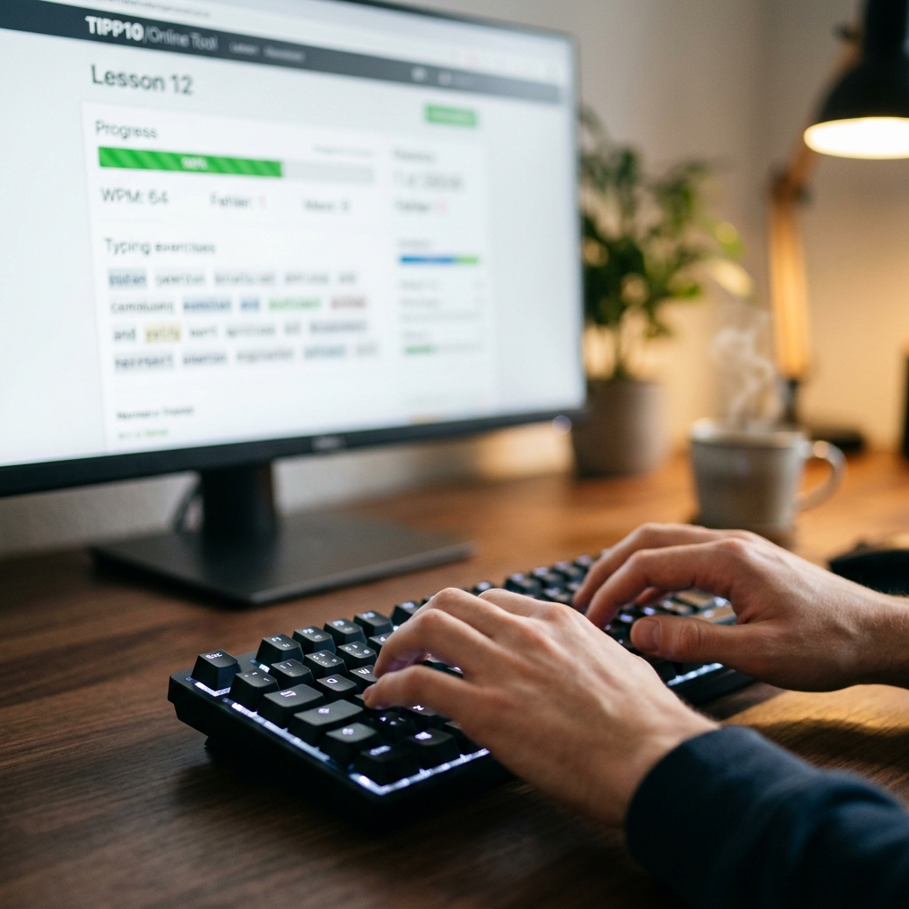 Person übt das Tippen an einer PC-Tastatur vor einem Bildschirm.