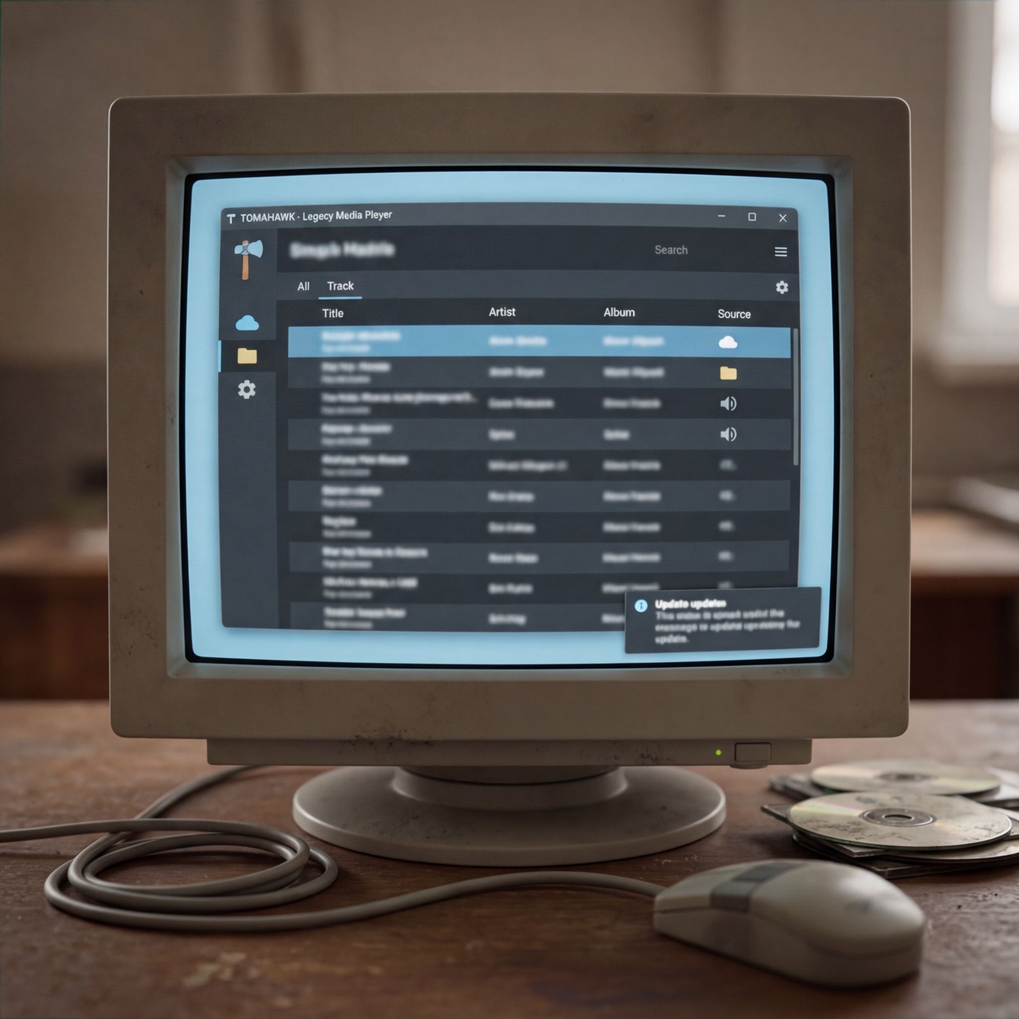 Old monitor displaying media player interface with track list and update notification