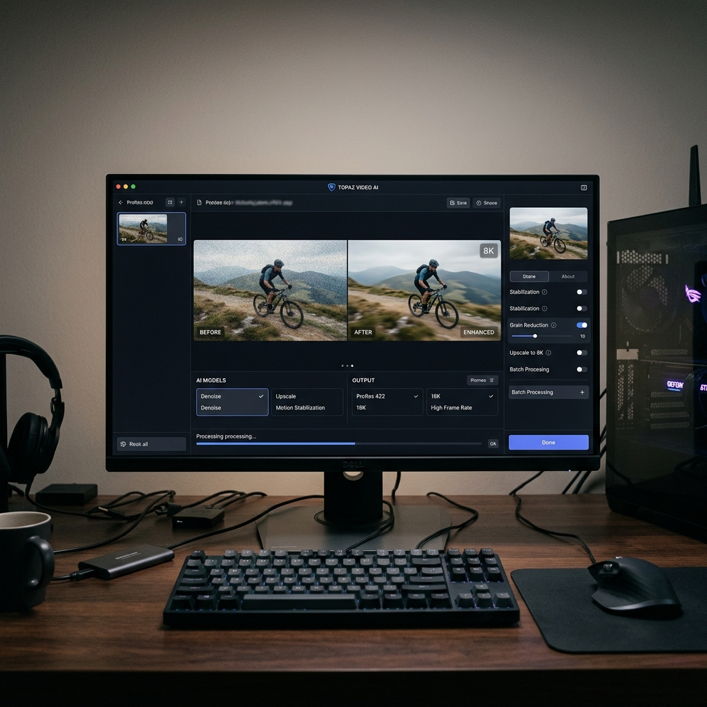 Monitor zeigt Bildbearbeitungssoftware mit Optionen für Videoverarbeitung