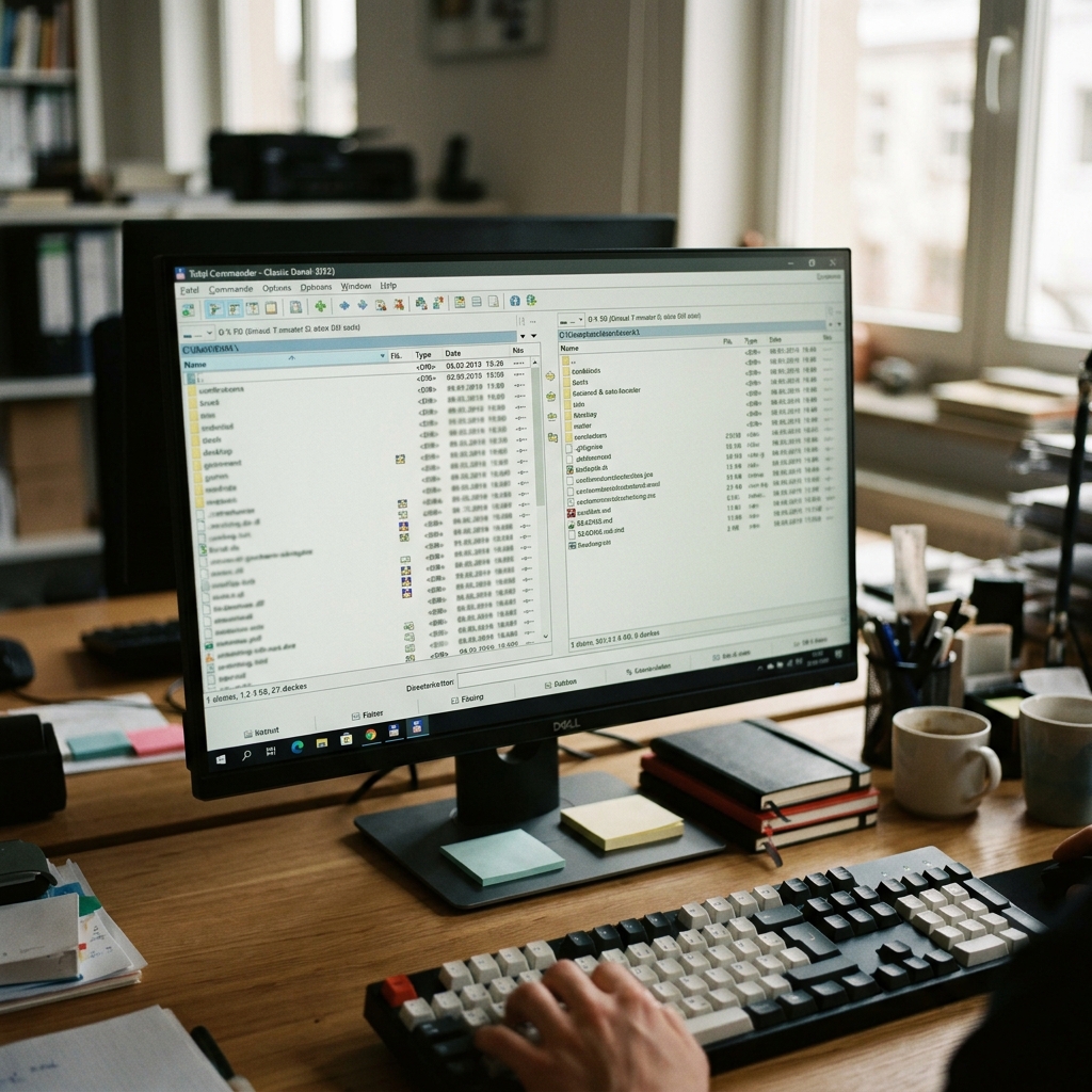 Bildschirm mit Dateimanager und Schreibtischaccessoires