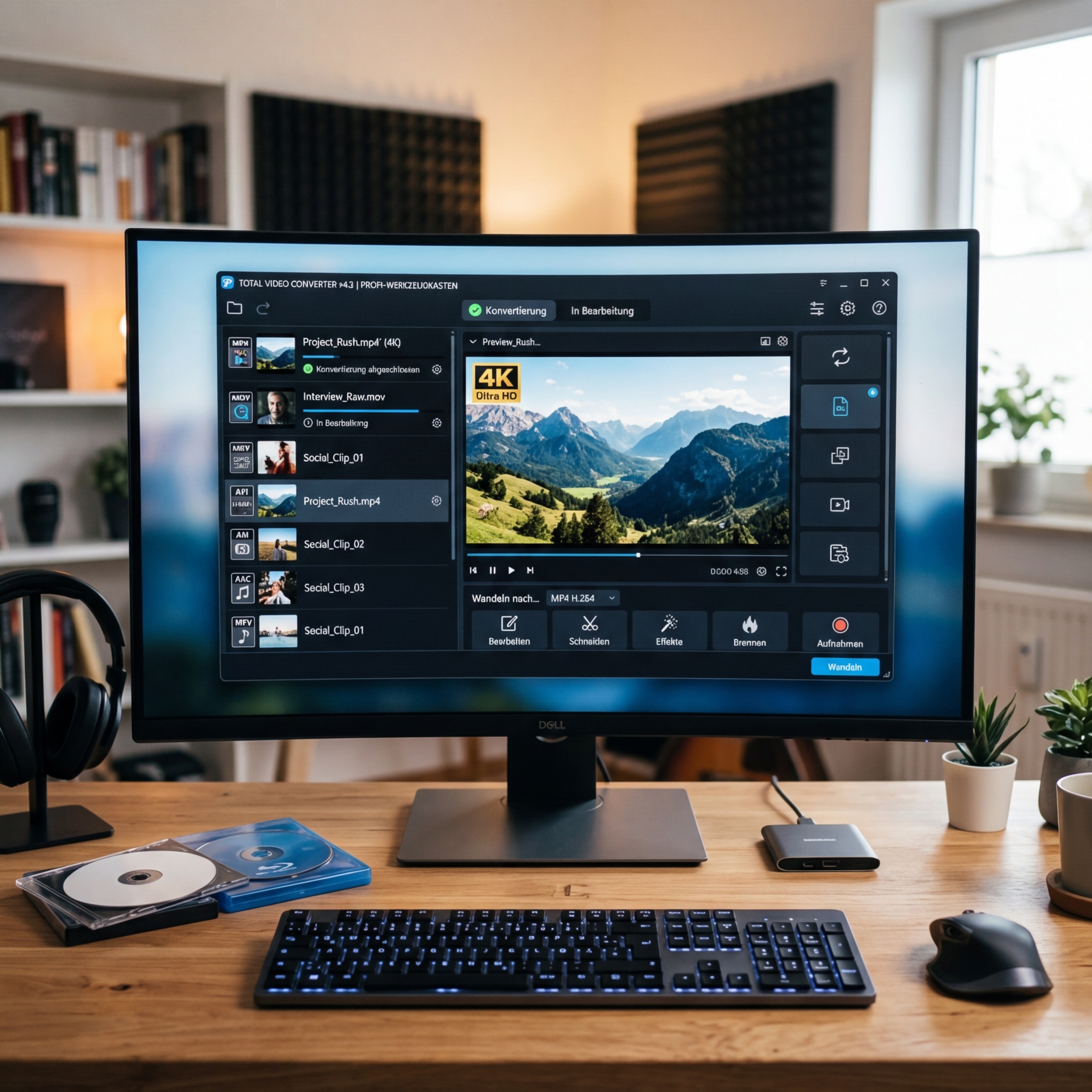 Monitor zeigt Videoverarbeitungssoftware mit Berglandschaft in 4K