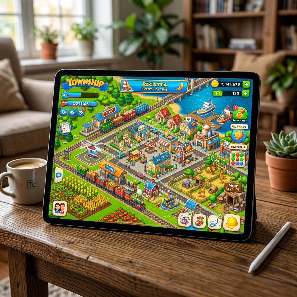 Screenshot einer Stadtsimulation auf einem Tablet