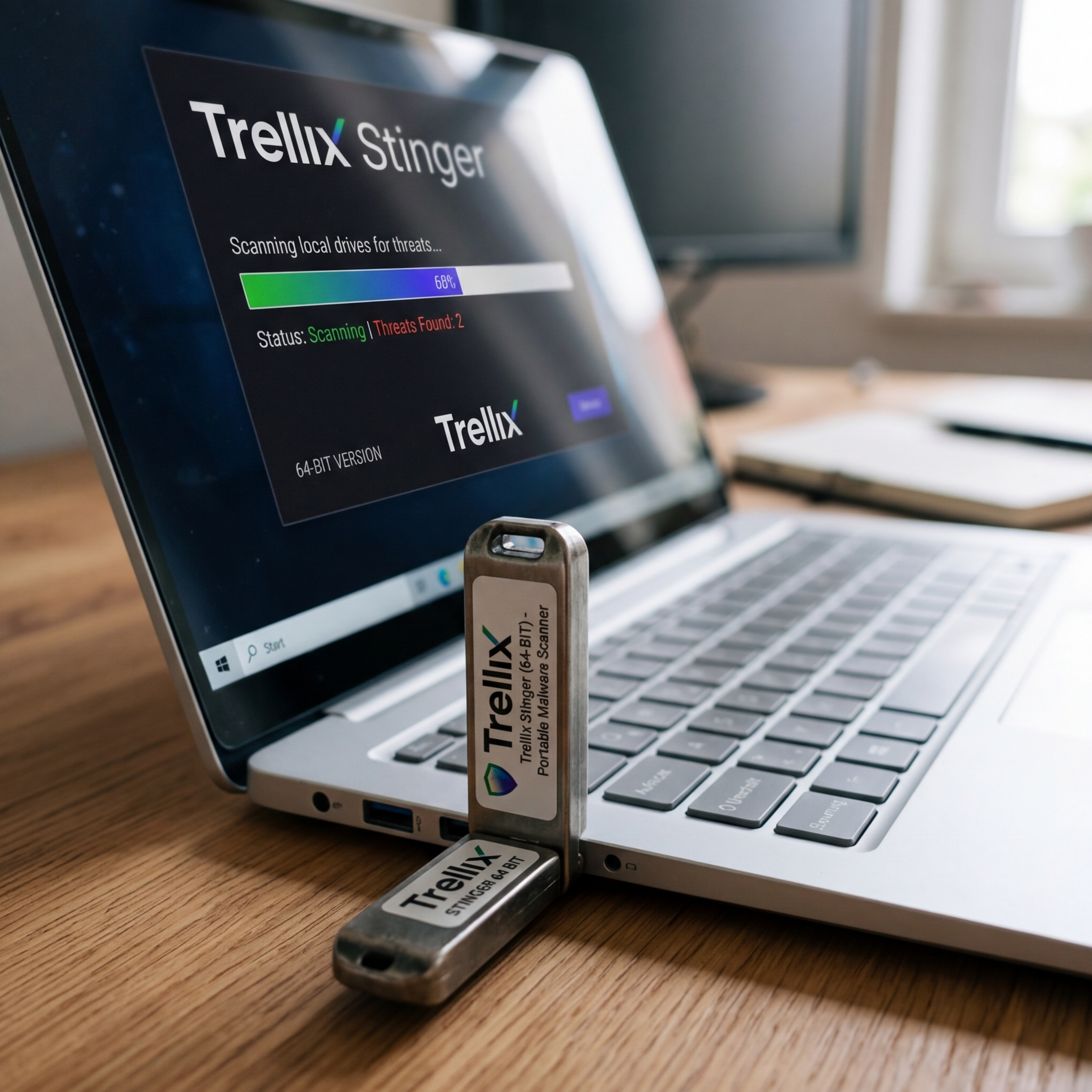 Laptop mit Trellix Stinger Malware Scanner und Bildschirmansicht
