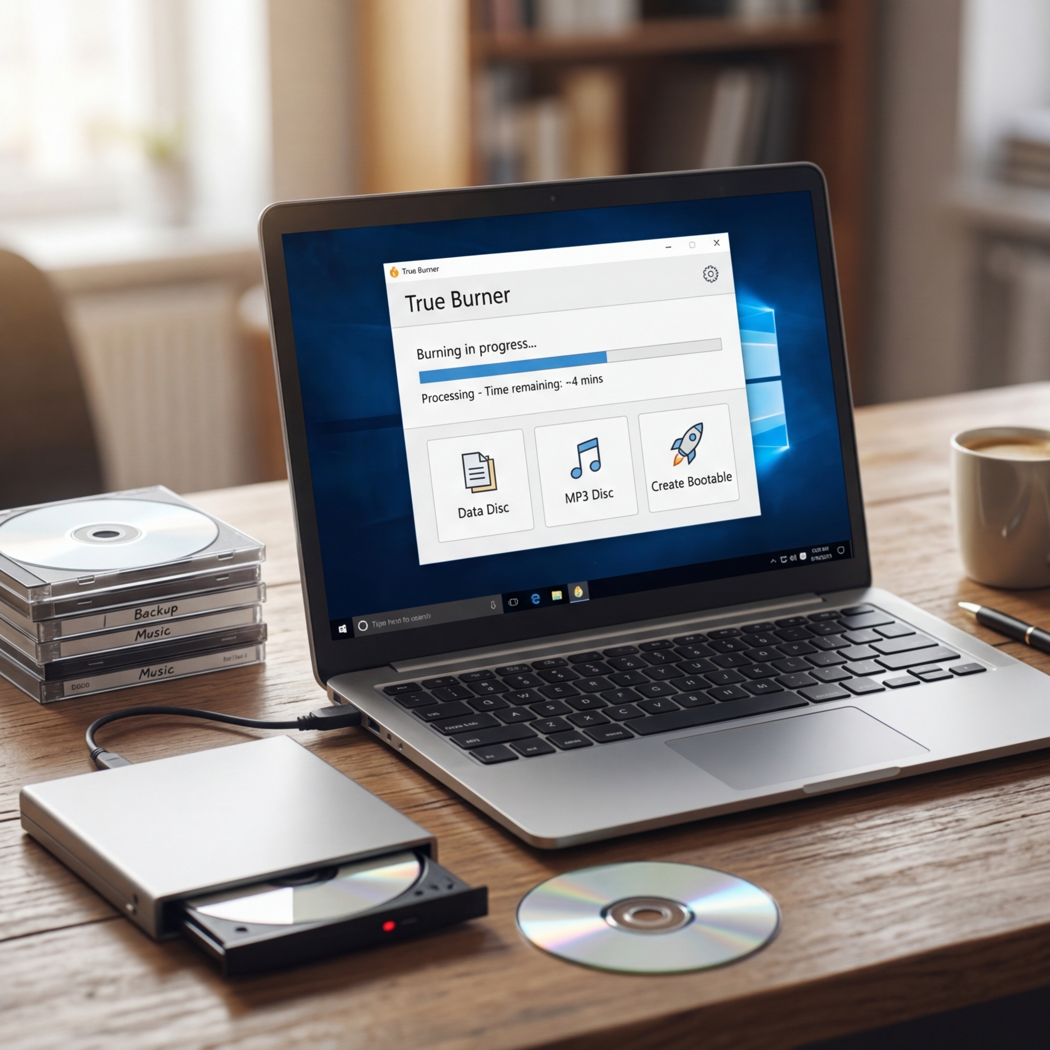 Laptop mit Brennsoftware, externem DVD-Laufwerk und CDs