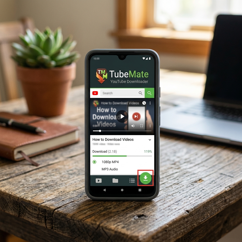 Smartphone zeigt TubeMate Download-App für YouTube auf einem Holztisch.
