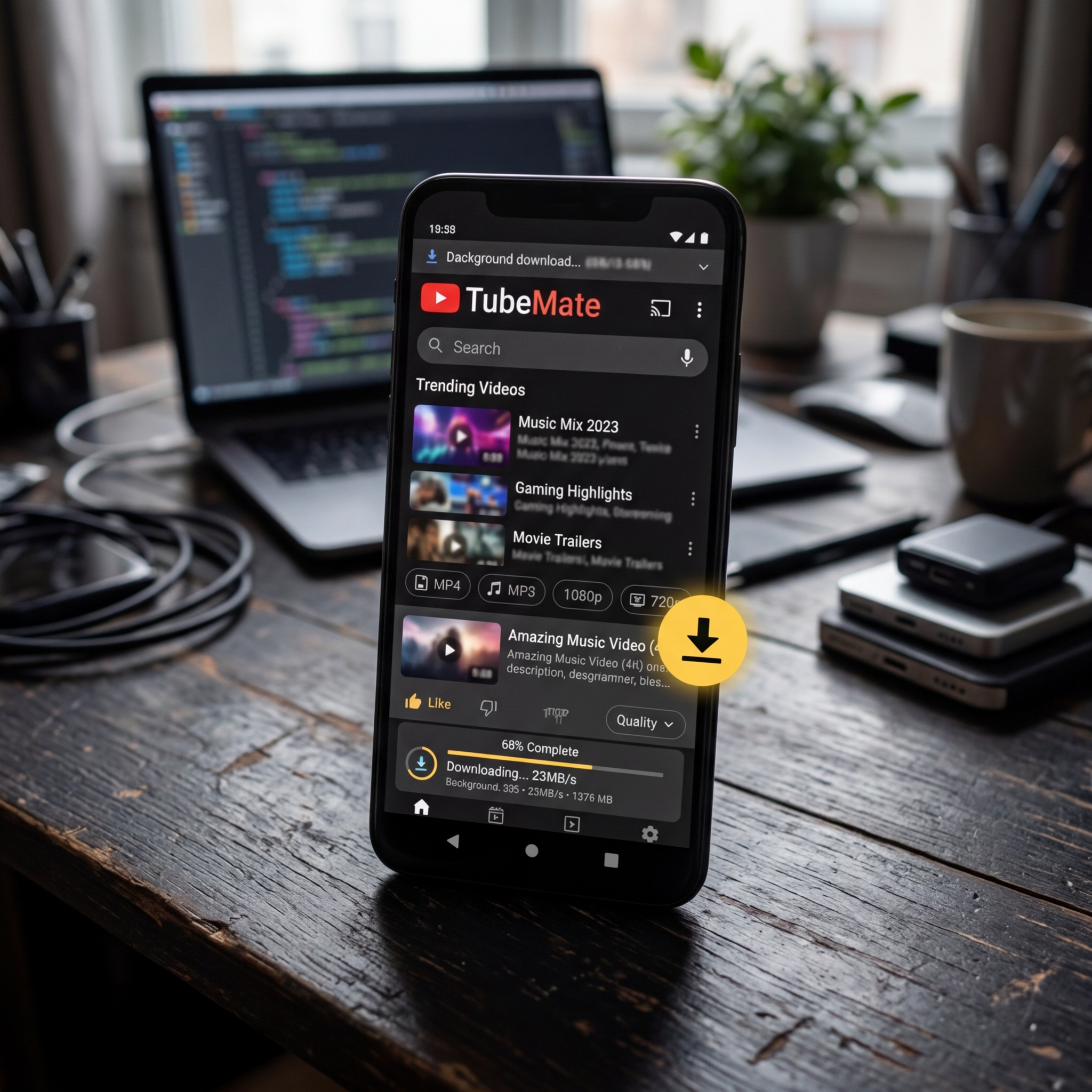 Smartphone zeigt die TubeMate App mit Download-Fortschritt.