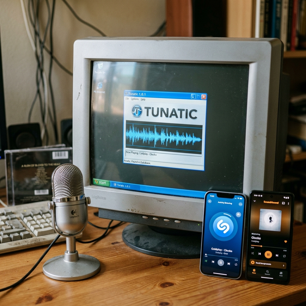 Ein älterer Computer mit Mikrofon, zwei Smartphones und Musiksoftware sichtbar.