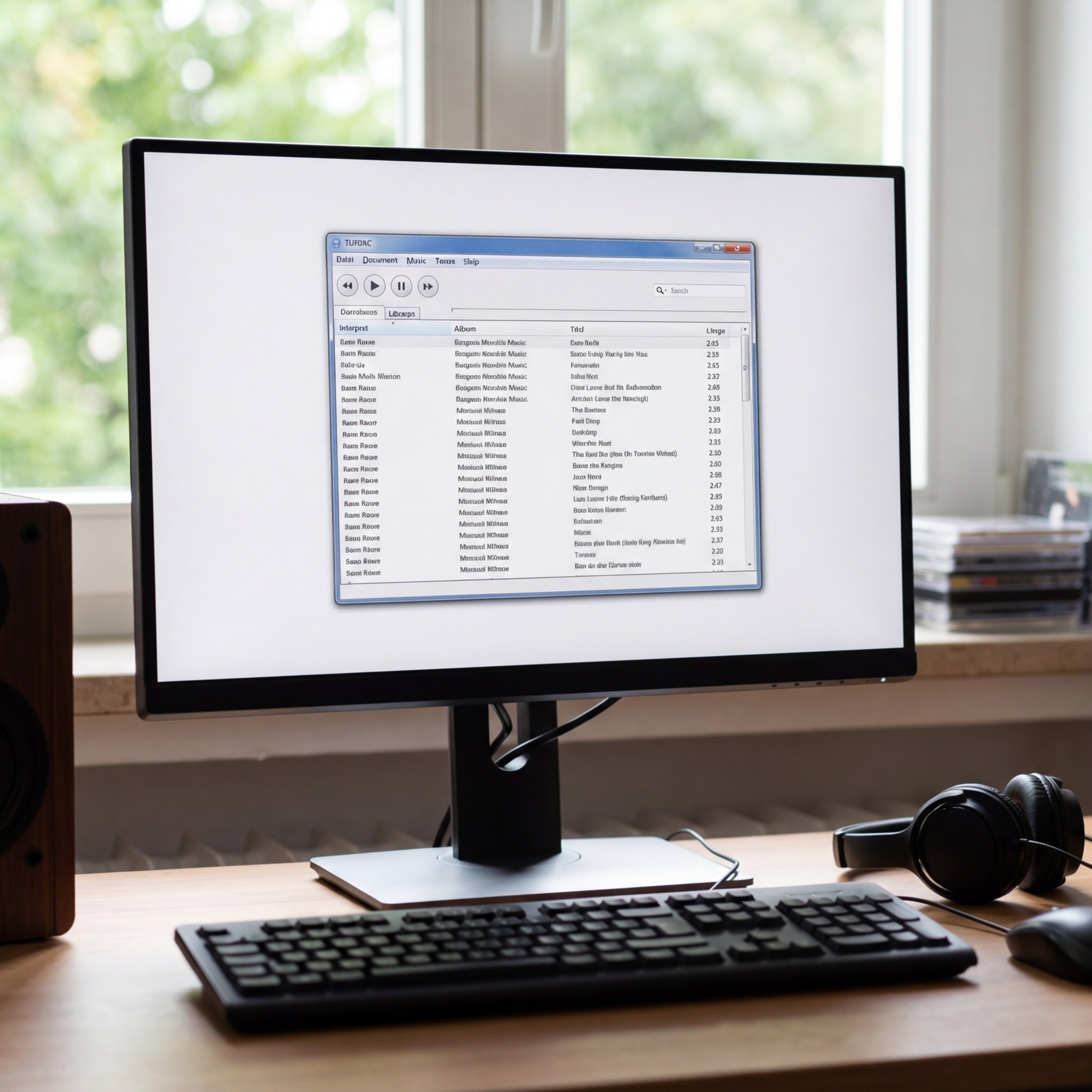 Computer mit Musiksoftware und Kopfhörern auf einem Schreibtisch