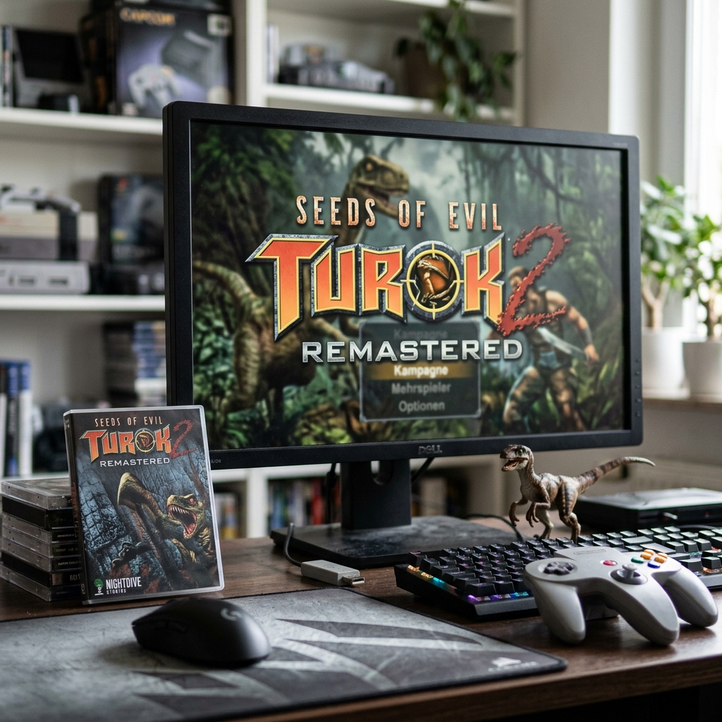 Bildschirm mit Turok 2 Remastered und Gaming-Zubehör