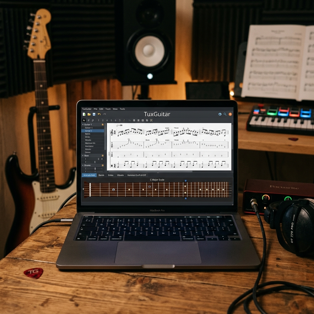 Laptop mit TuxGuitar-Software und Musikinstrumenten im Hintergrund