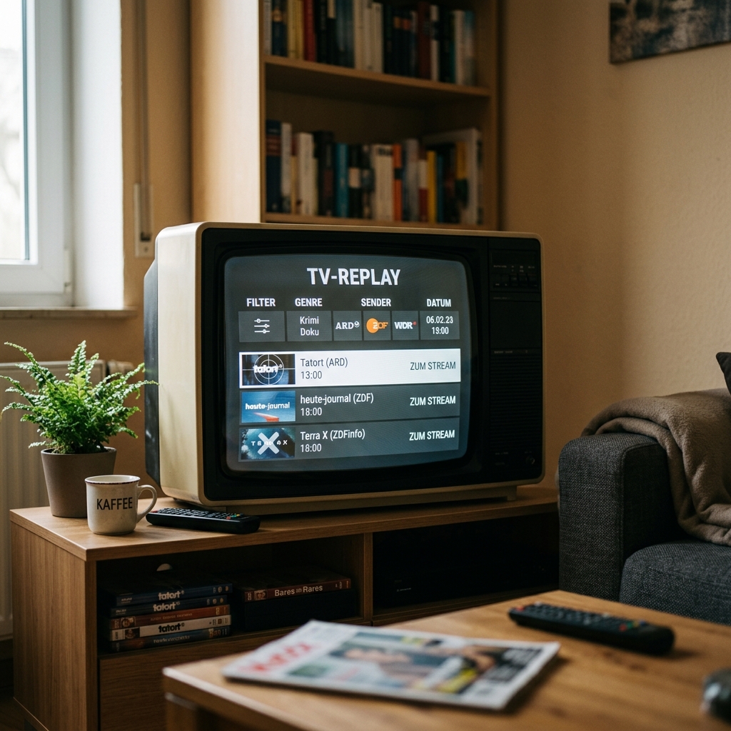 Ein älterer Fernseher mit TV-Replay-Funktion und einem Tisch mit Kaffee.