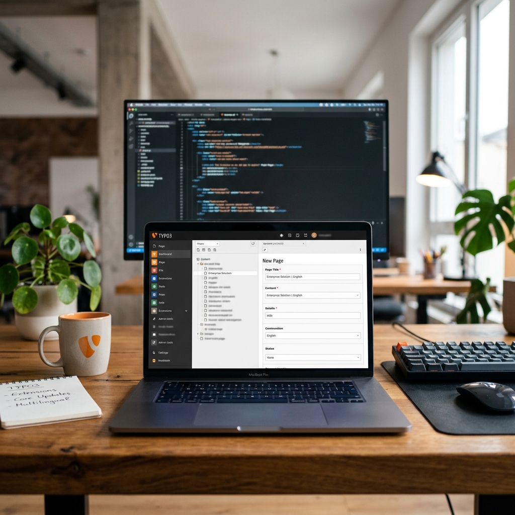 Moderner Arbeitsplatz mit Laptop, Monitor, Pflanze und Tasse Kaffee.