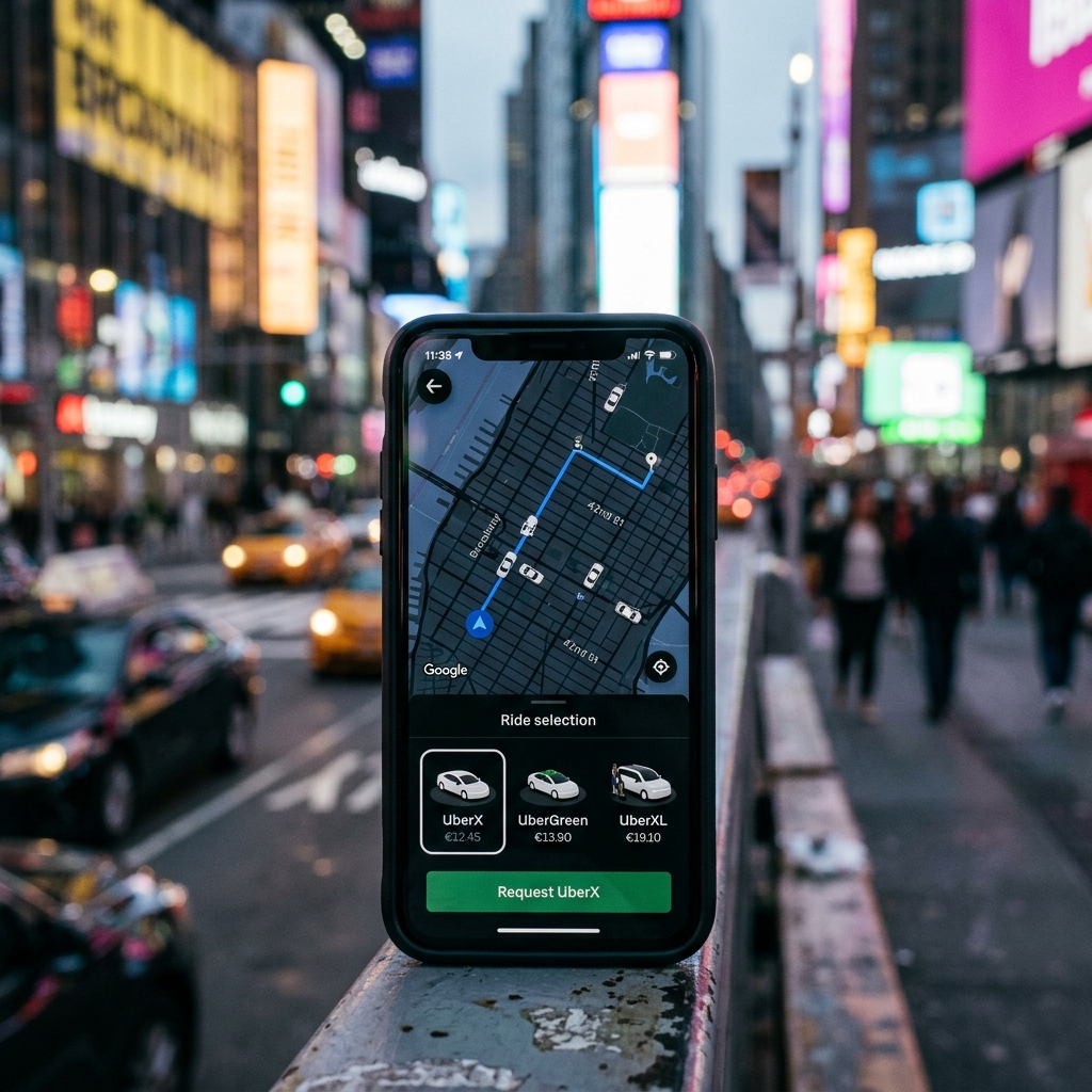 Smartphone zeigt Kartenansicht mit Routen und Fahrpreisen in einer urbanen Umgebung