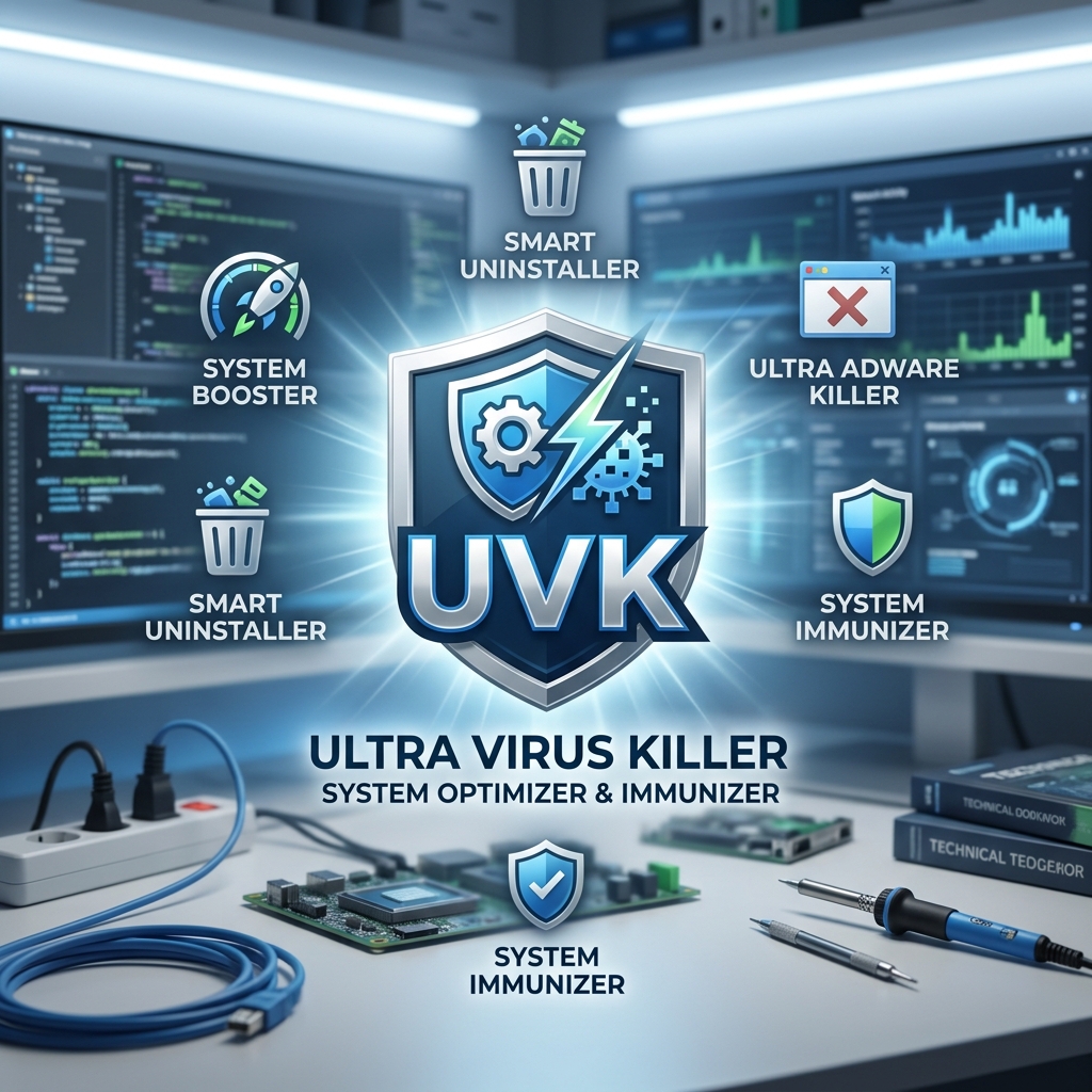 Logo des Ultra Virus Killer mit Grafiken von Systemtools und technischen Geräten.