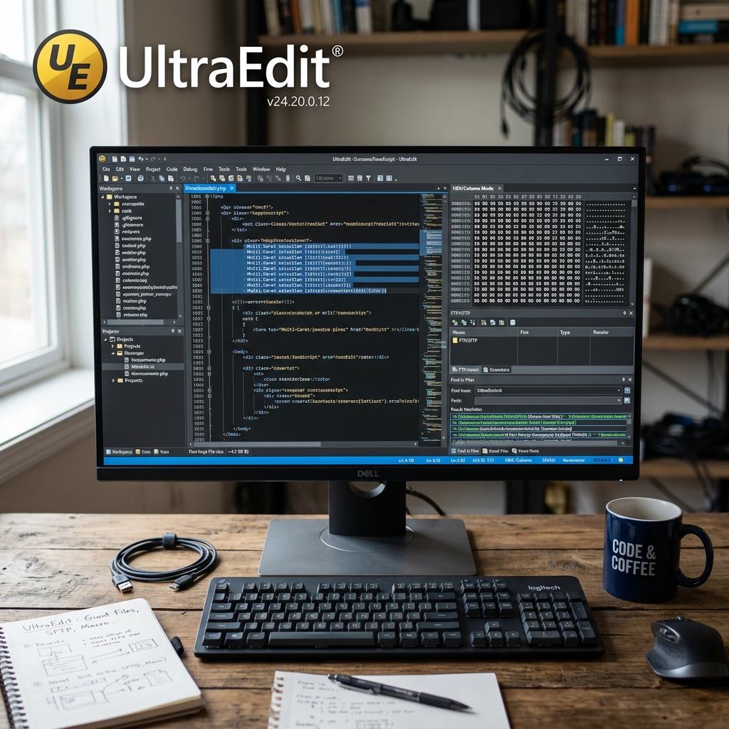 Monitor mit UltraEdit Software und einer Tasse Kaffee