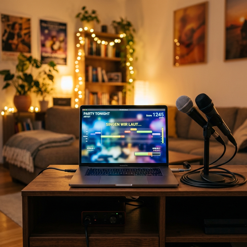 Laptop mit Karaoke-Software und Mikrofonen in einem gemütlichen Wohnzimmer