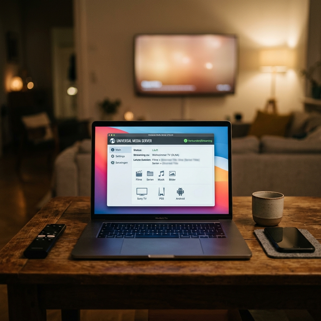 Laptop mit Medienserver-Software auf einem Tisch