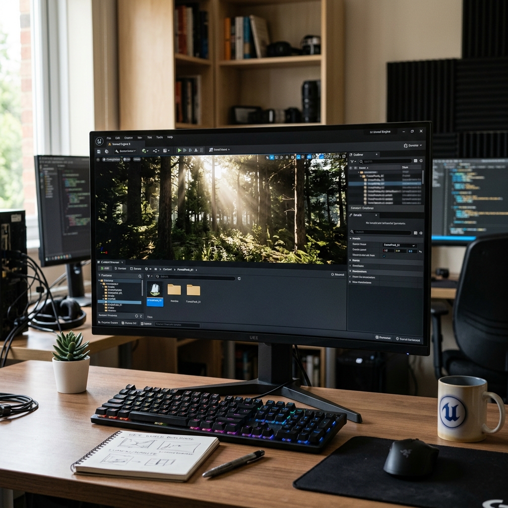 Arbeitsplatz mit Monitor, Tastatur, Notizbuch und Pflanze