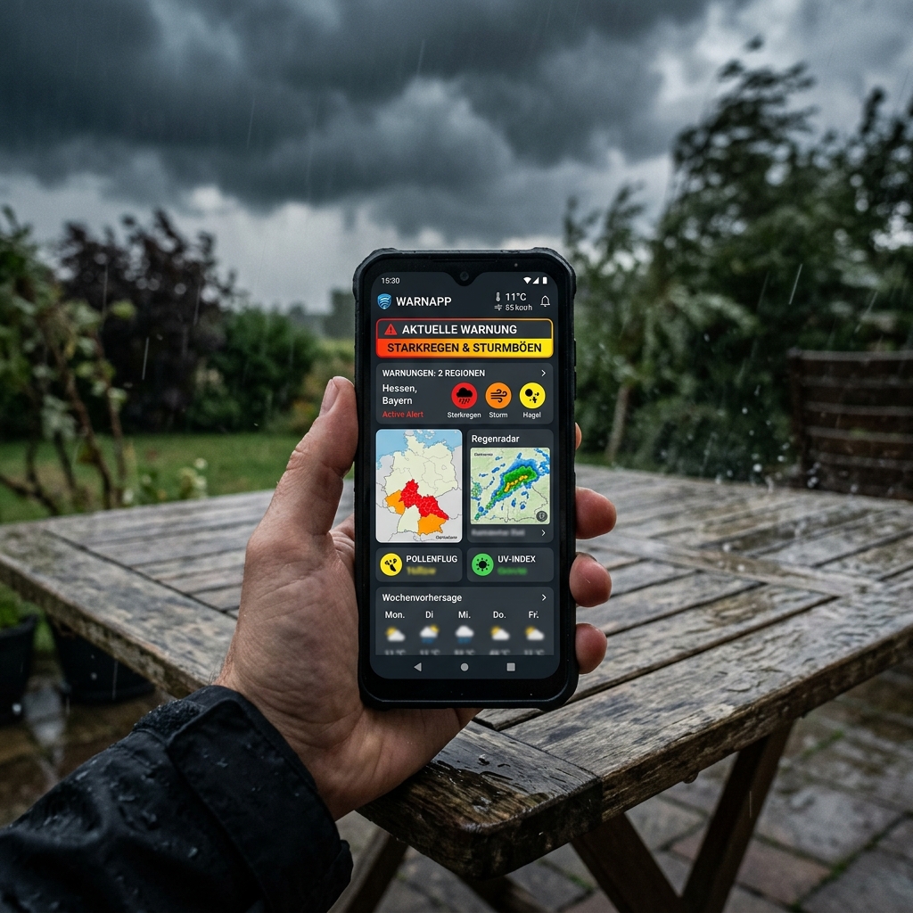 Smartphone zeigt Wetterwarnungen für Starkregen und Sturmböen.