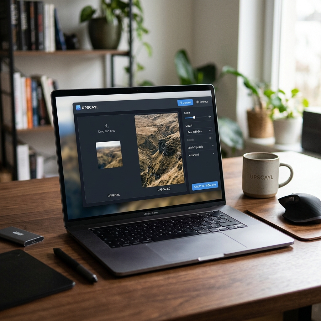 Laptop zeigt Software zur Bildverbesserung auf einem Tisch