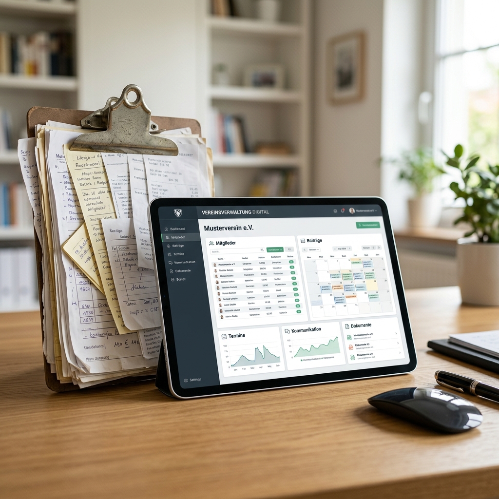 Tablet zeigt Vereinsverwaltungssoftware mit Mitgliederdaten und Terminkalender.