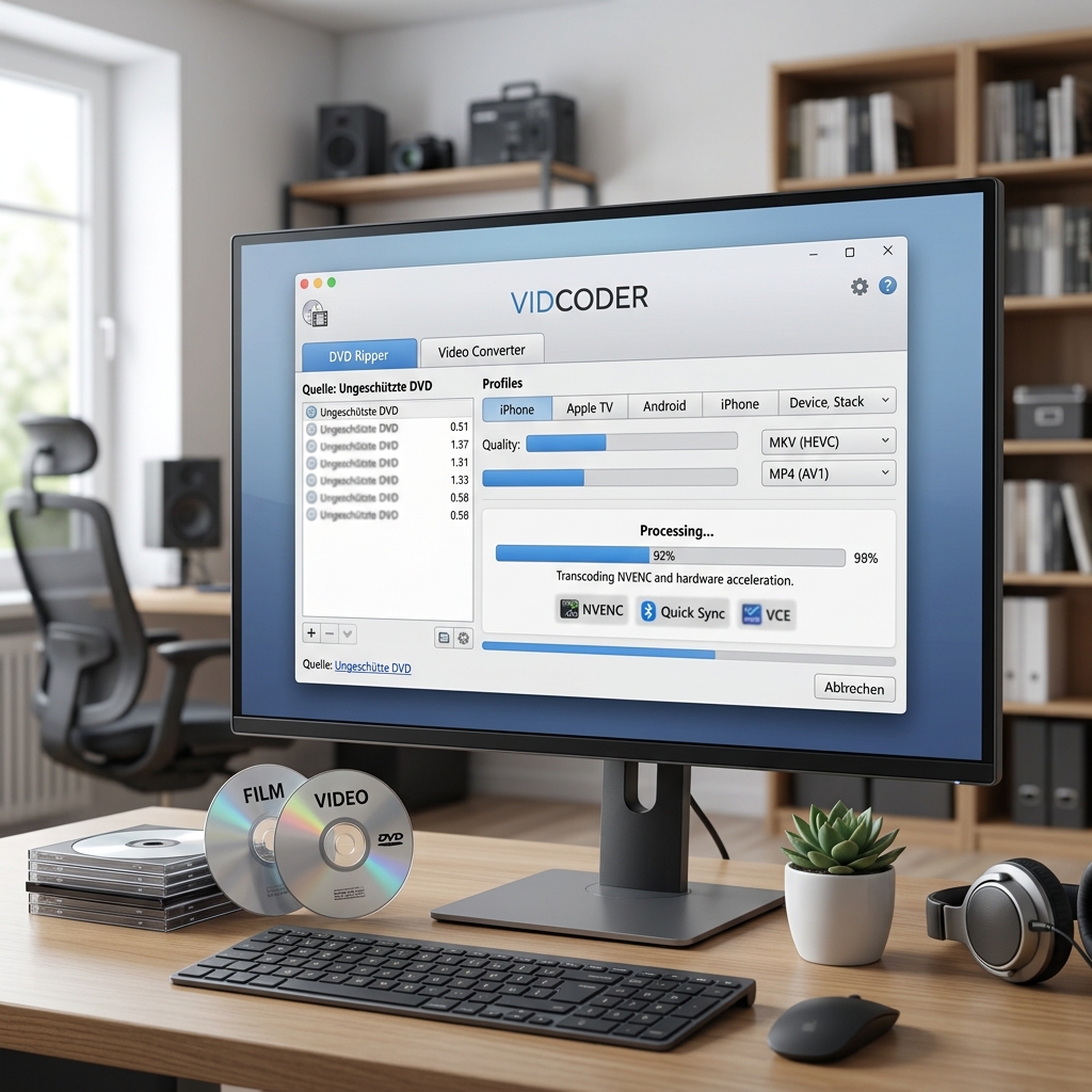 Screenshot eines Vidcoder Video Converters auf einem Computerbildschirm