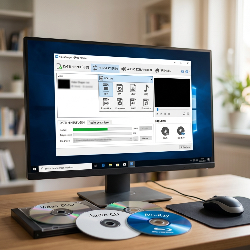 Bildschirm zeigt Software zur Audiokonvertierung, CDs liegen sichtbar.