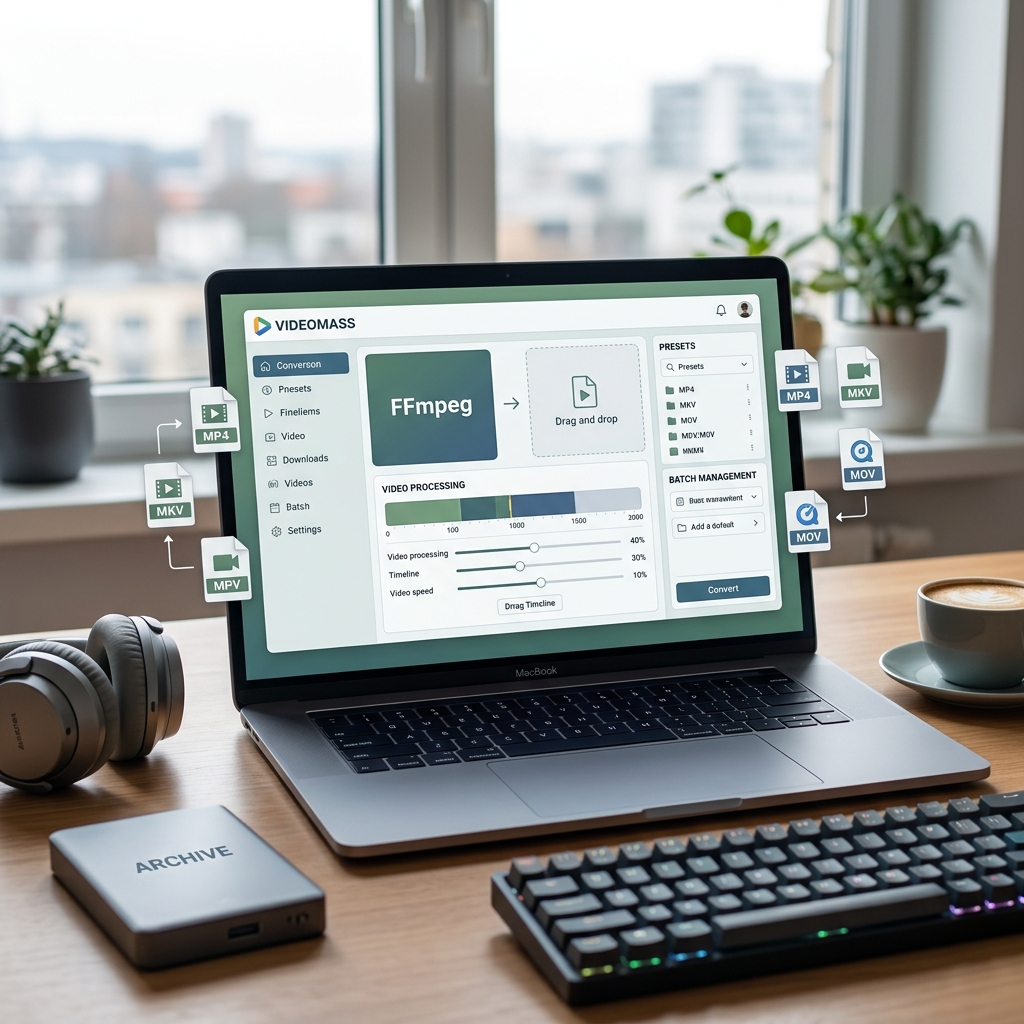 Laptop mit Videobearbeitungssoftware und Zubehör auf einem Tisch