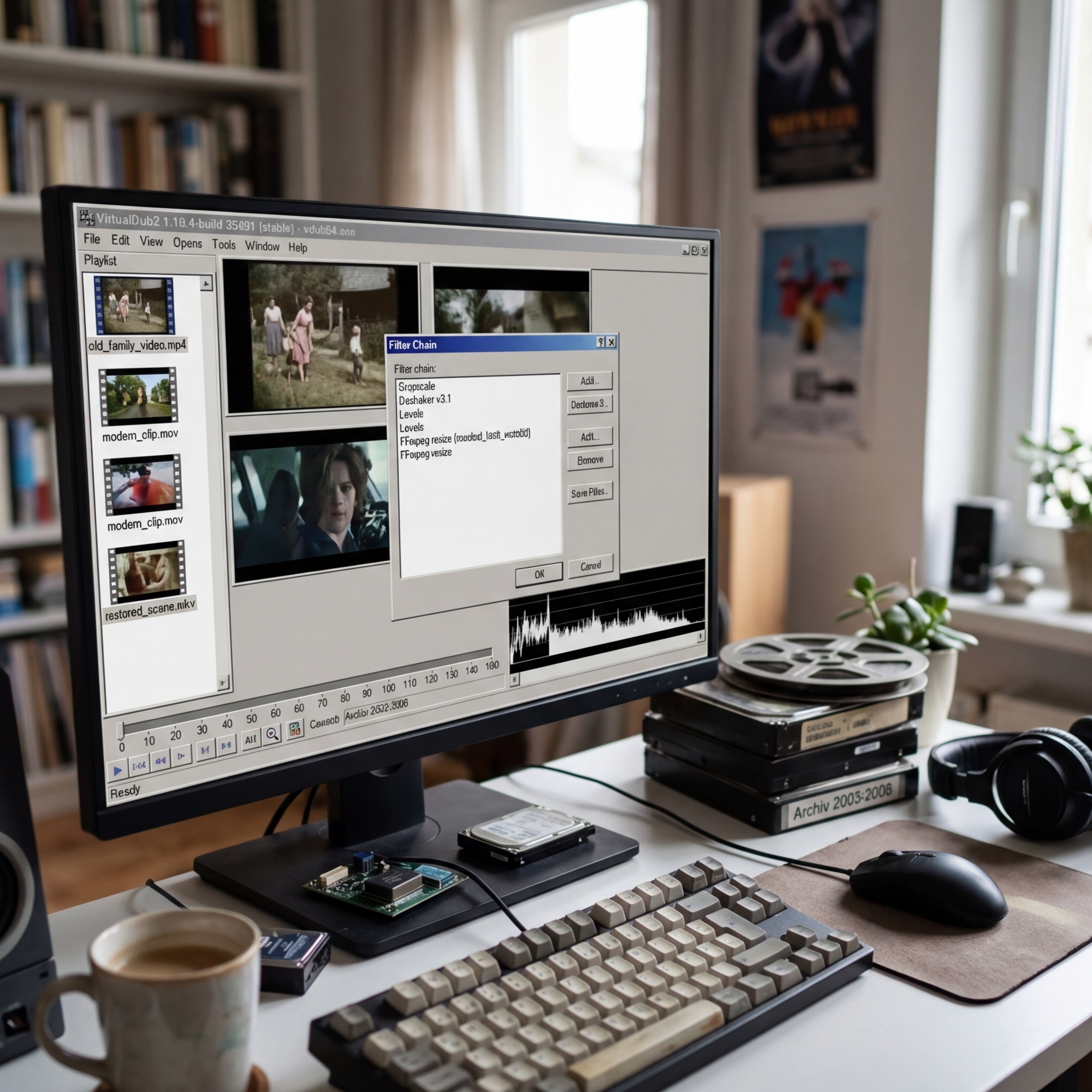 Computer mit Videobearbeitungssoftware und Zubehör auf einem Schreibtisch
