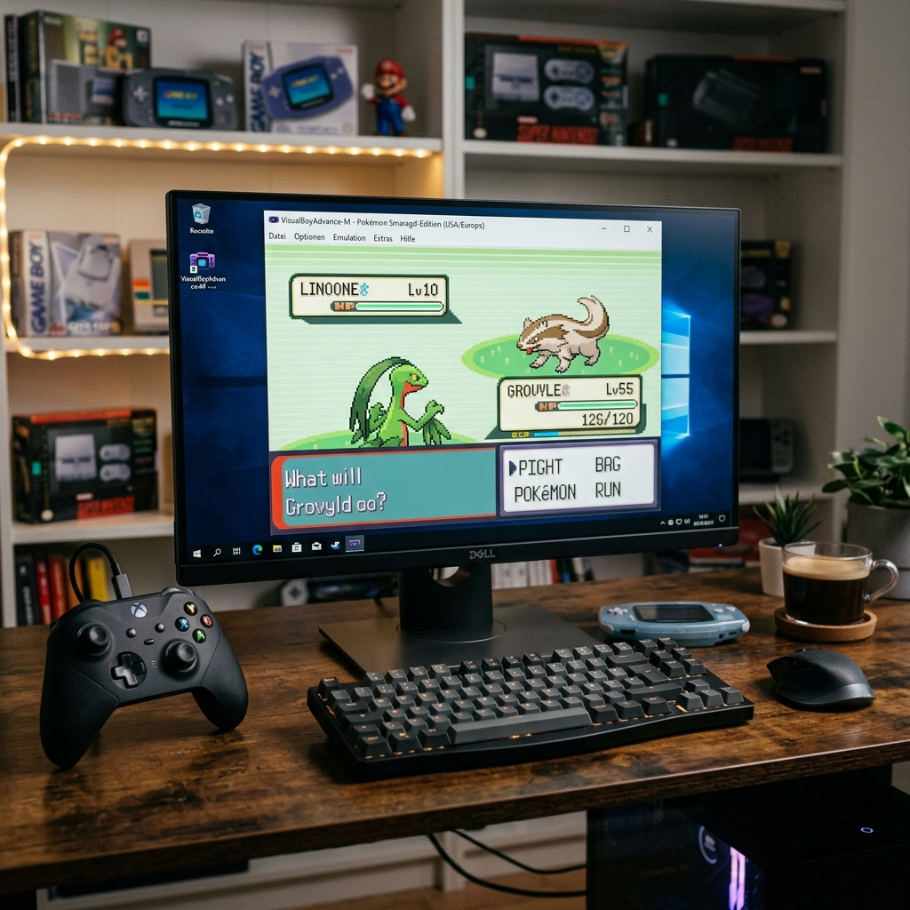 Computerspiel mit Pokémon auf einem Monitor, Gamepad und Kaffee