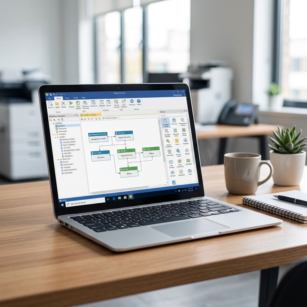 Laptop zeigt Diagrammsoftware auf Schreibtisch in modernem Büro