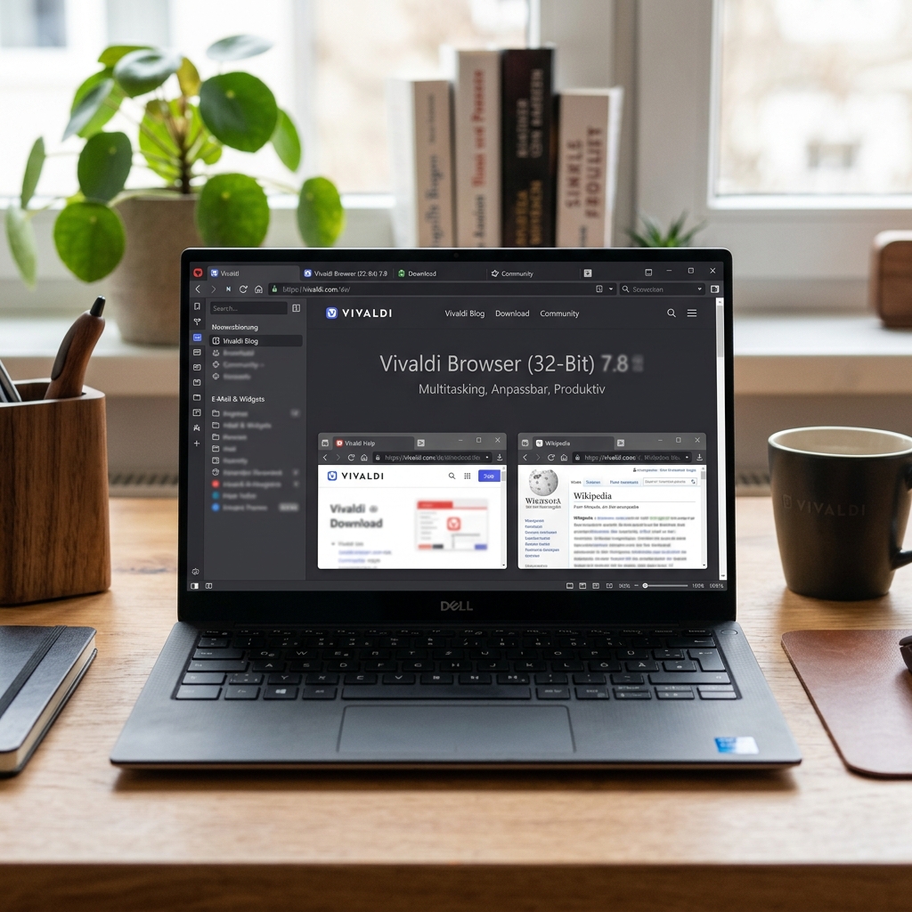 Laptop zeigt Vivaldi Browser mit mehreren geöffneten Fenstern und eine Tasse auf dem Tisch