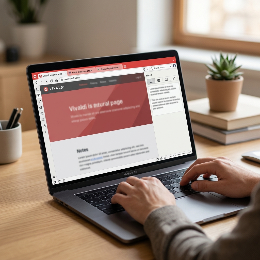 Laptop zeigt Vivaldi Browser und Notizseite