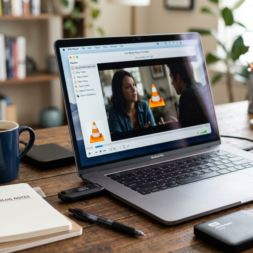 Laptop zeigt VLC Player mit laufendem Video und Notizen auf Tisch