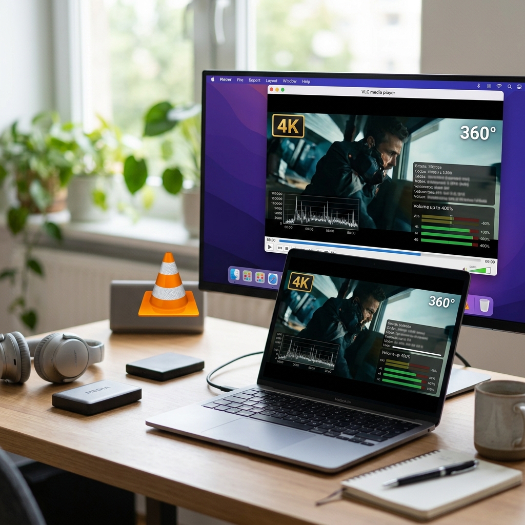 Zwei Bildschirme zeigen VLC Media Player mit 4K-Inhalten.