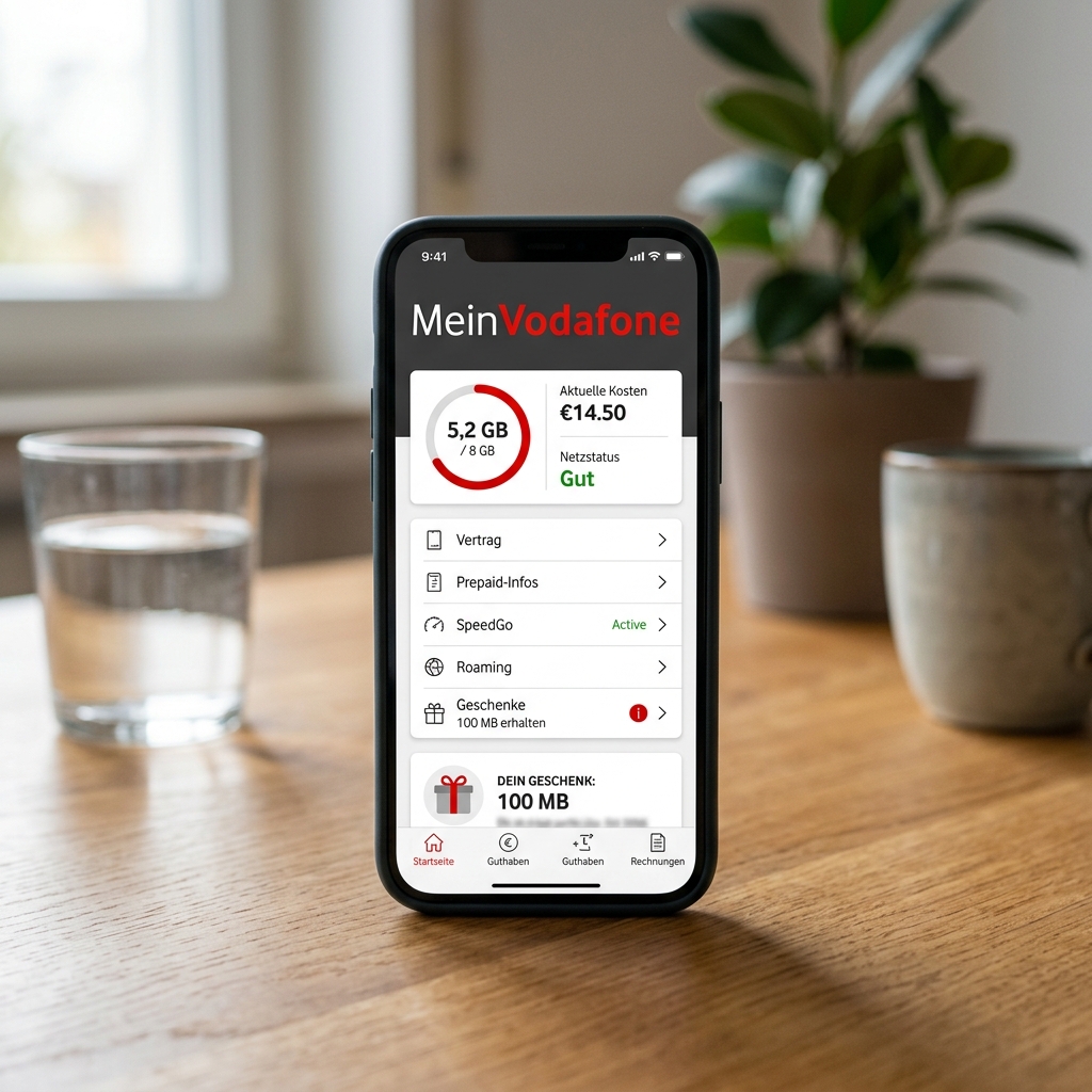Smartphone-Bildschirm zeigt die Vodafone App mit Datenverbrauch und weiteren Optionen.