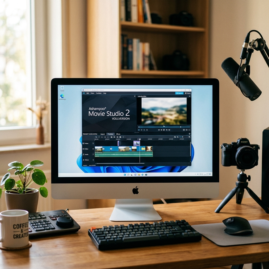 Computer-Setup mit Videobearbeitungssoftware auf dem Bildschirm