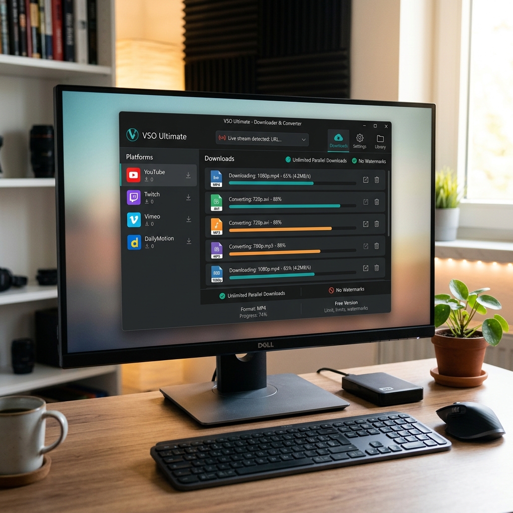 Screenshot der VSO Ultimate Download-Software auf einem Monitor.