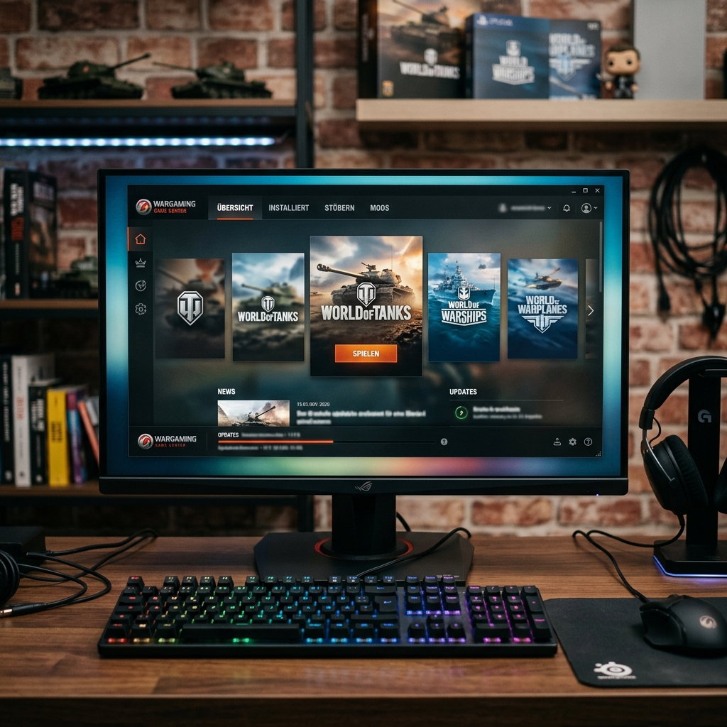Gaming Setup mit Monitor, Tastatur und Maus auf einem Tisch