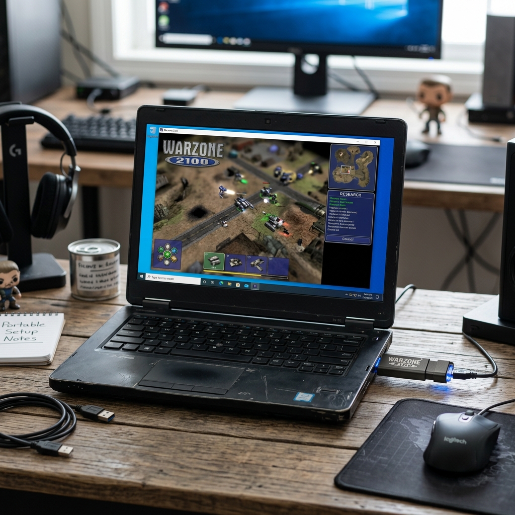 Ein Laptop zeigt das Spiel Warzone 2100 auf dem Bildschirm.