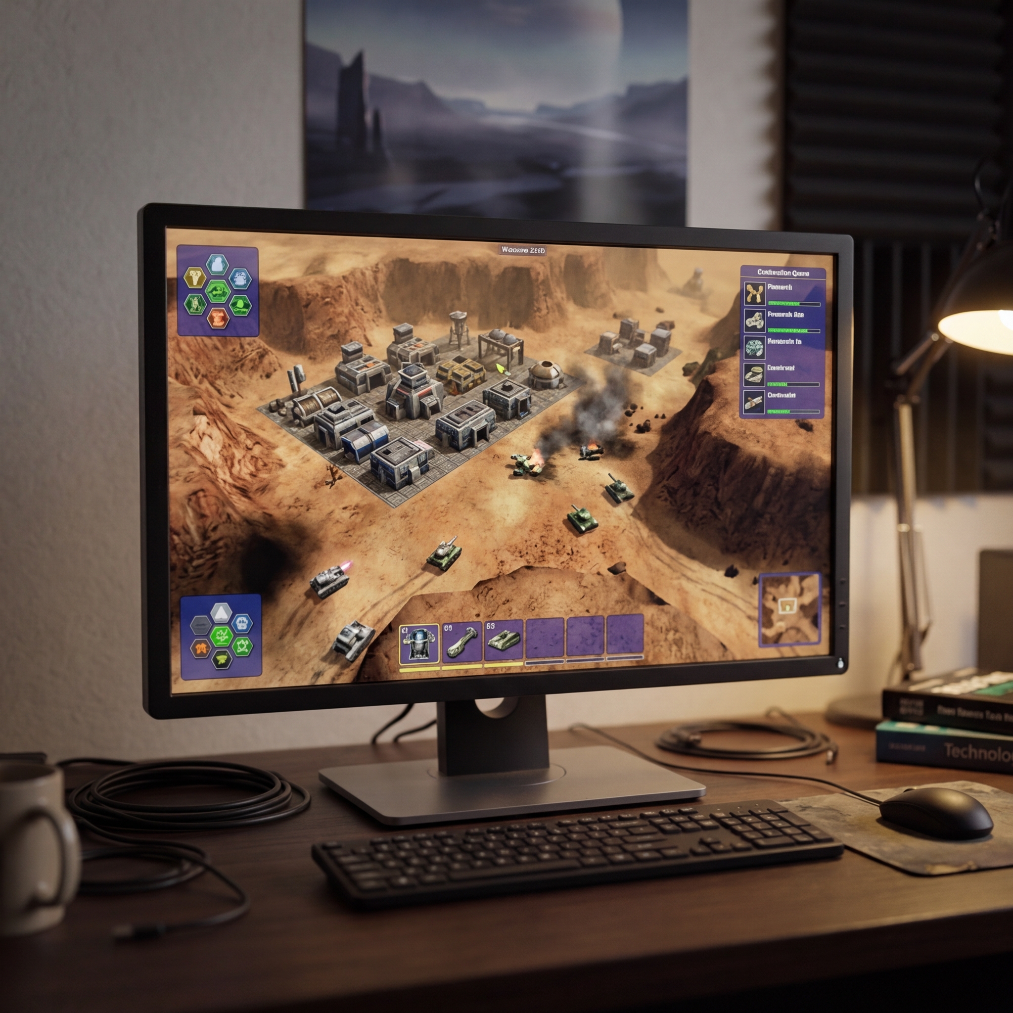 Computerbildschirm mit Strategiespiel und Gaming-Zubehör